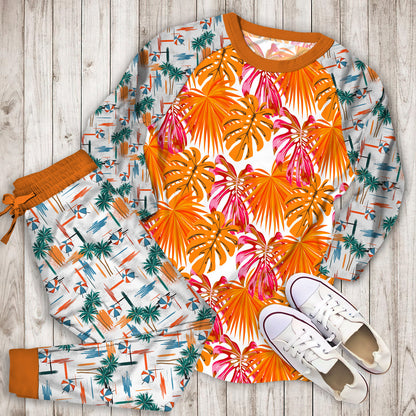 South Beach Tropical Pink And Orange Pajama Set | Pajamas | Cotton Sleepwear Sets | Soft Long Sleeve Pjs | Raglan Shirt and Pants Set