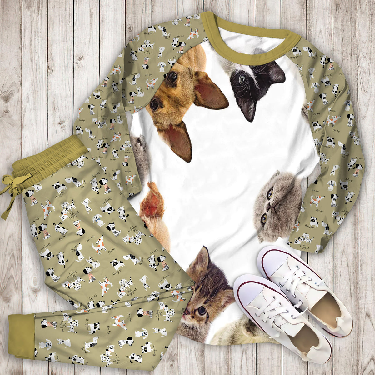 Dog Cat Animals Pajama Set | Pajamas | Cotton Sleepwear Sets | Soft Long Sleeve Pjs | Raglan Shirt and Pants Set