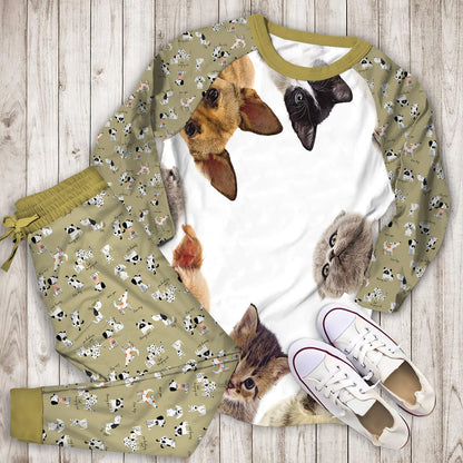 Dog Cat Animals Pajama Set | Pajamas | Cotton Sleepwear Sets | Soft Long Sleeve Pjs | Raglan Shirt and Pants Set