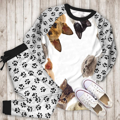 Dog Cat Animals Pajama Set | Pajamas | Cotton Sleepwear Sets | Soft Long Sleeve Pjs | Raglan Shirt and Pants Set