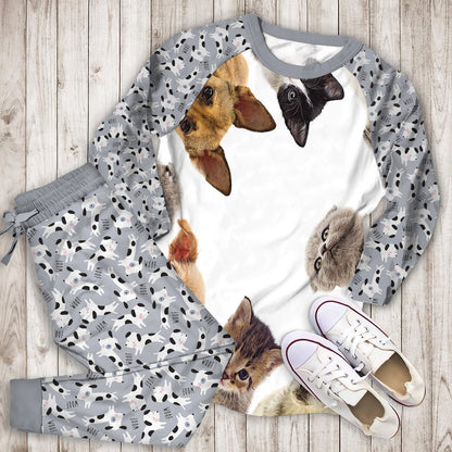 Dog Cat Animals Pajama Set | Pajamas | Cotton Sleepwear Sets | Soft Long Sleeve Pjs | Raglan Shirt and Pants Set