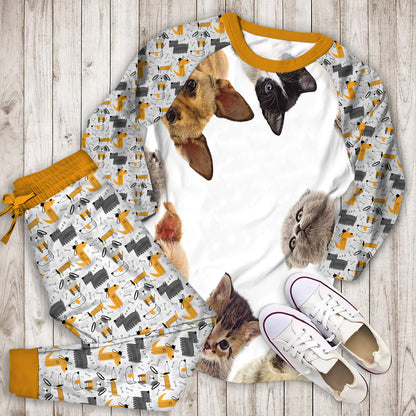 Dog Cat Animals Pajama Set | Pajamas | Cotton Sleepwear Sets | Soft Long Sleeve Pjs | Raglan Shirt and Pants Set