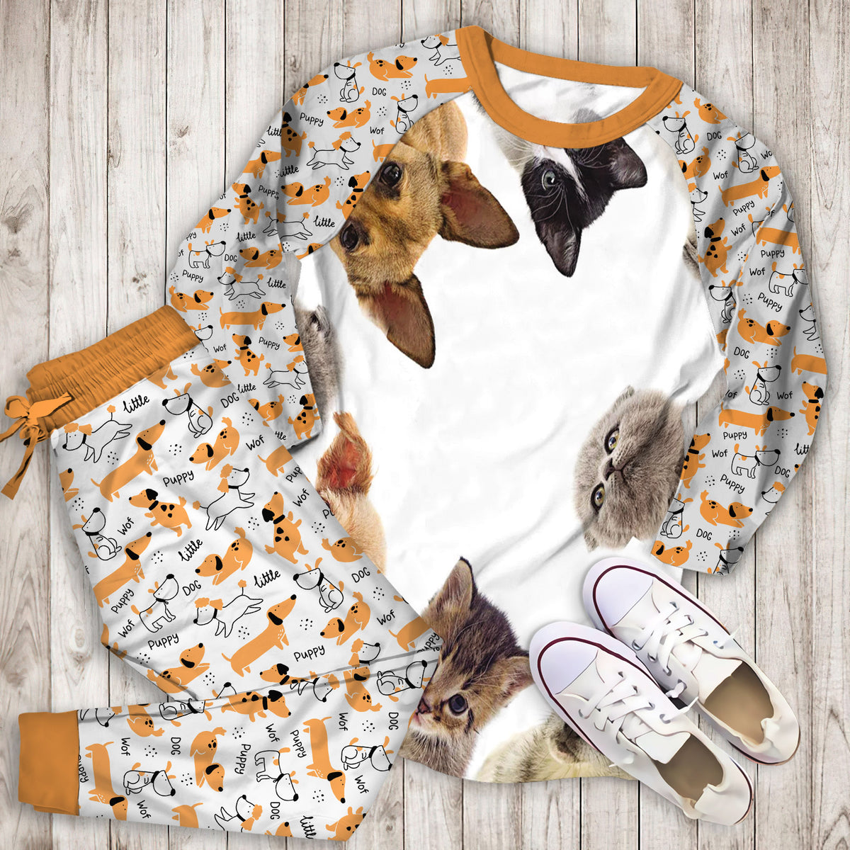 Dog Cat Animals Pajama Set | Pajamas | Cotton Sleepwear Sets | Soft Long Sleeve Pjs | Raglan Shirt and Pants Set