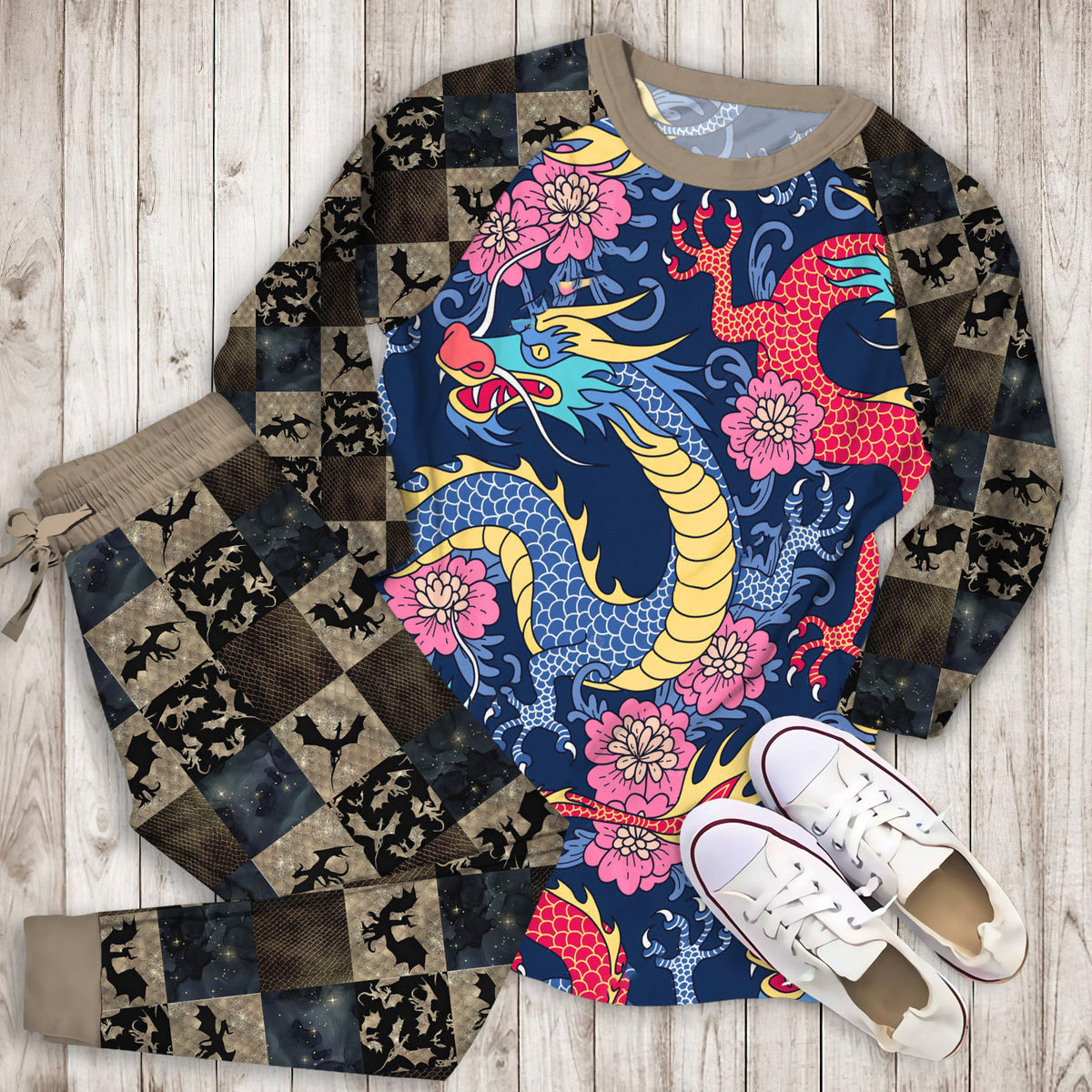 Dragons Pajama Set | Pajamas | Cotton Sleepwear Sets | Soft Long Sleeve Pjs | Raglan Shirt and Pants Set