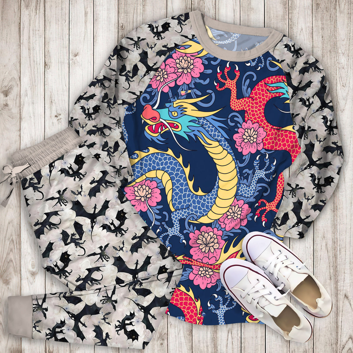 Dragons Pajama Set | Pajamas | Cotton Sleepwear Sets | Soft Long Sleeve Pjs | Raglan Shirt and Pants Set