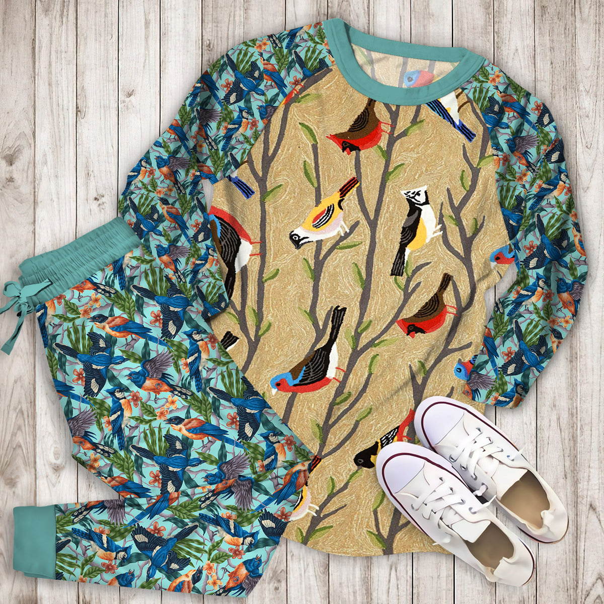 Birds Pajama Set |Sleepwear Pjs Sets | Raglan Shirt Pants Set