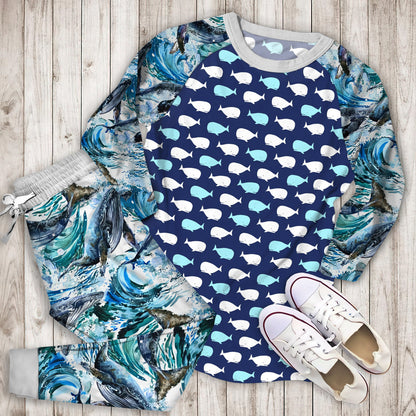 Whale Pajama Set | Pajamas | Cotton Sleepwear Sets | Soft Long Sleeve Pjs | Raglan Shirt and Pants Set