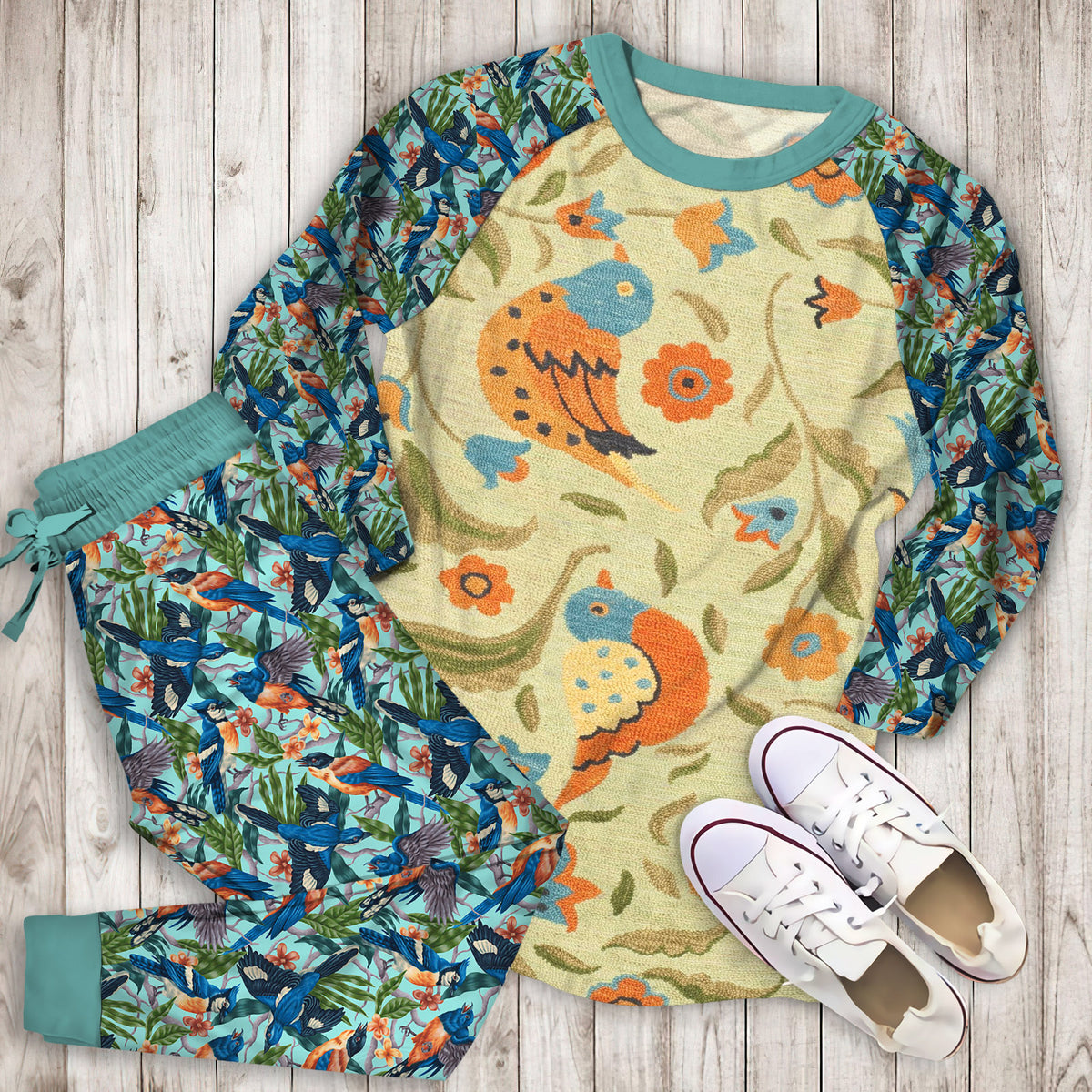 Bird Pajama Set | Pajamas | Cotton Sleepwear Sets | Soft Long Sleeve Pjs | Raglan Shirt and Pants Set