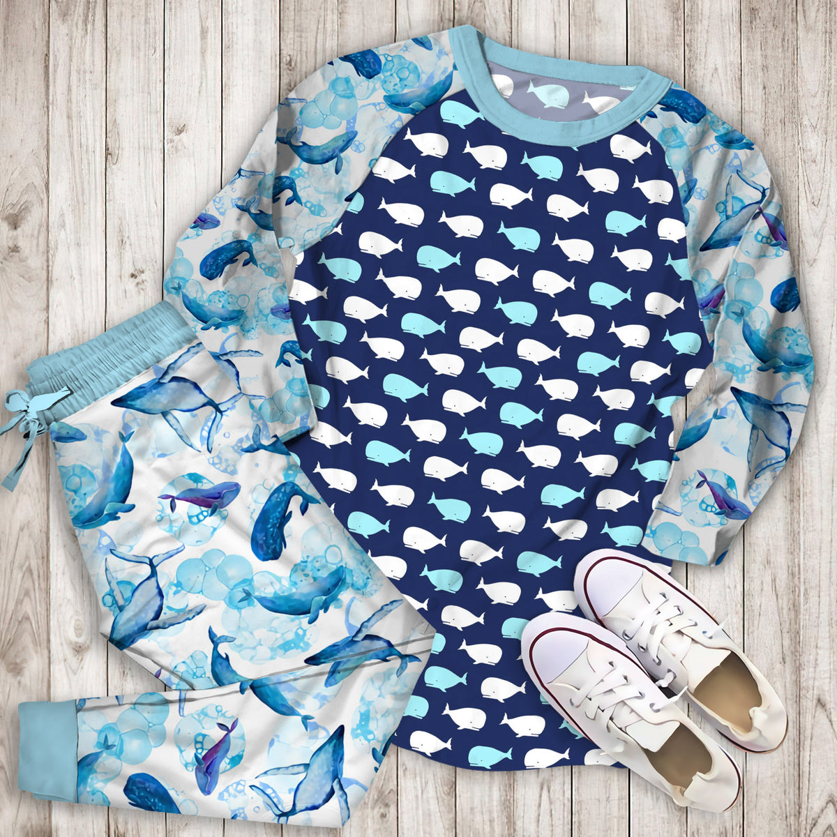 Whale Pajama Set | Pajamas | Cotton Sleepwear Sets | Soft Long Sleeve Pjs | Raglan Shirt and Pants Set
