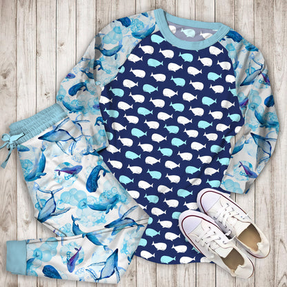 Whale Pajama Set | Pajamas | Cotton Sleepwear Sets | Soft Long Sleeve Pjs | Raglan Shirt and Pants Set