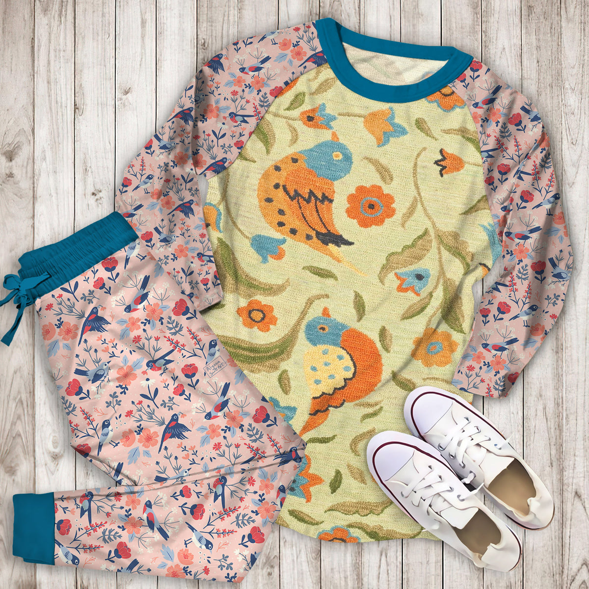 Bird Pajama Set | Pajamas | Cotton Sleepwear Sets | Soft Long Sleeve Pjs | Raglan Shirt and Pants Set