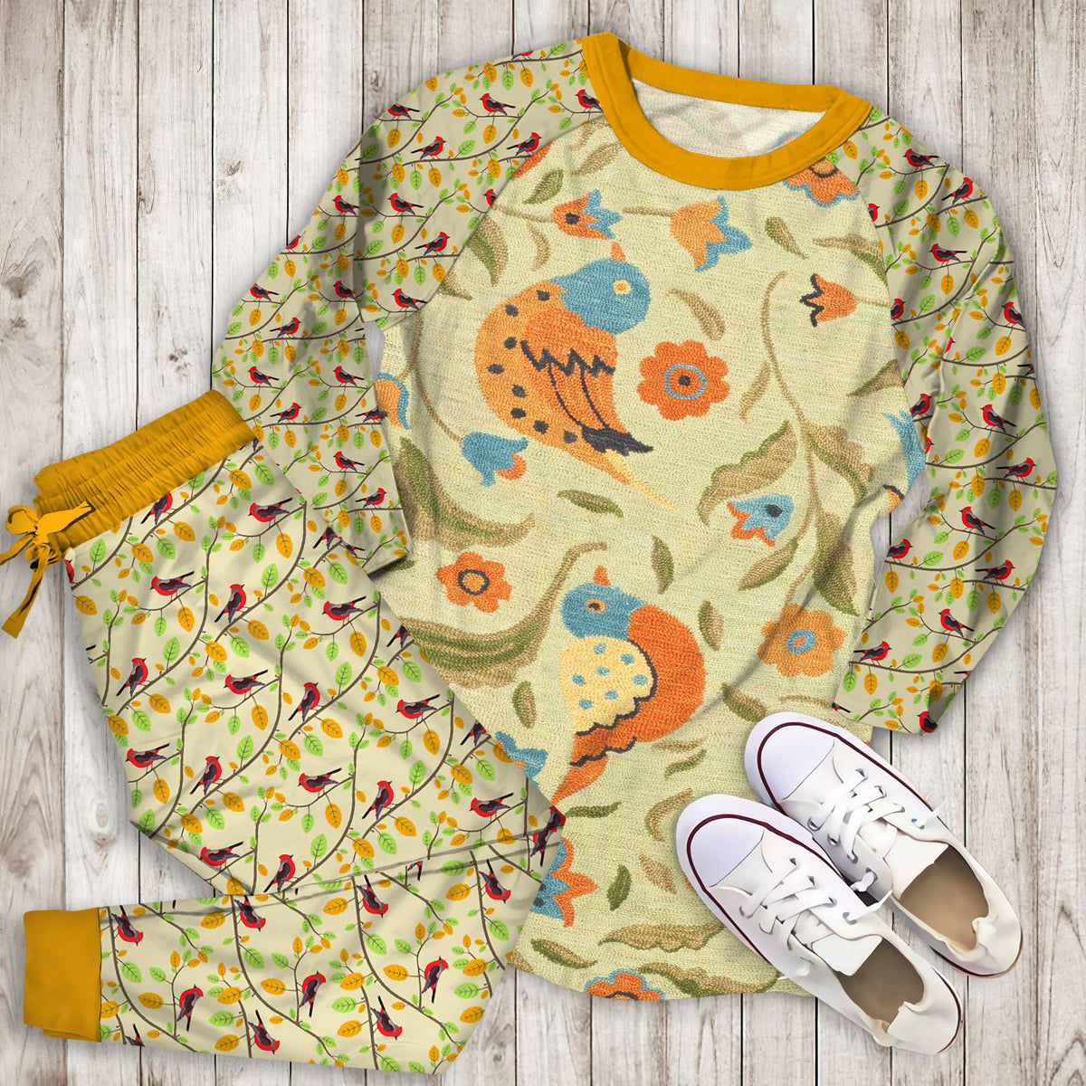 Bird Pajama Set | Pajamas | Cotton Sleepwear Sets | Soft Long Sleeve Pjs | Raglan Shirt and Pants Set