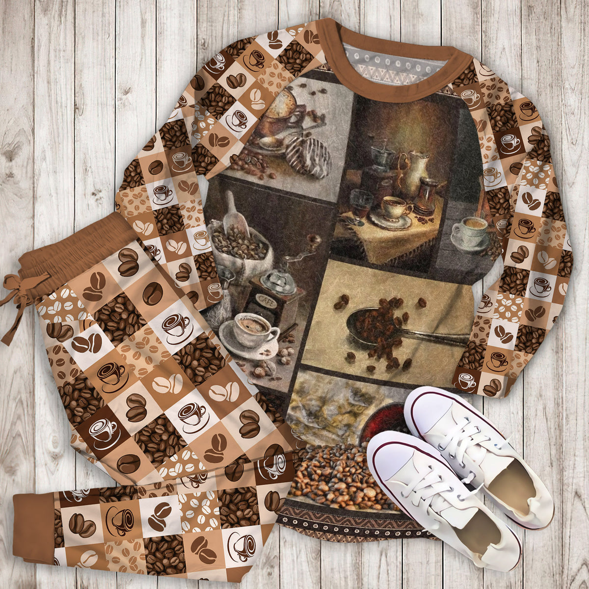 Coffee Pajama Set | Pajamas | Cotton Sleepwear Sets | Soft Long Sleeve Pjs | Raglan Shirt and Pants Set
