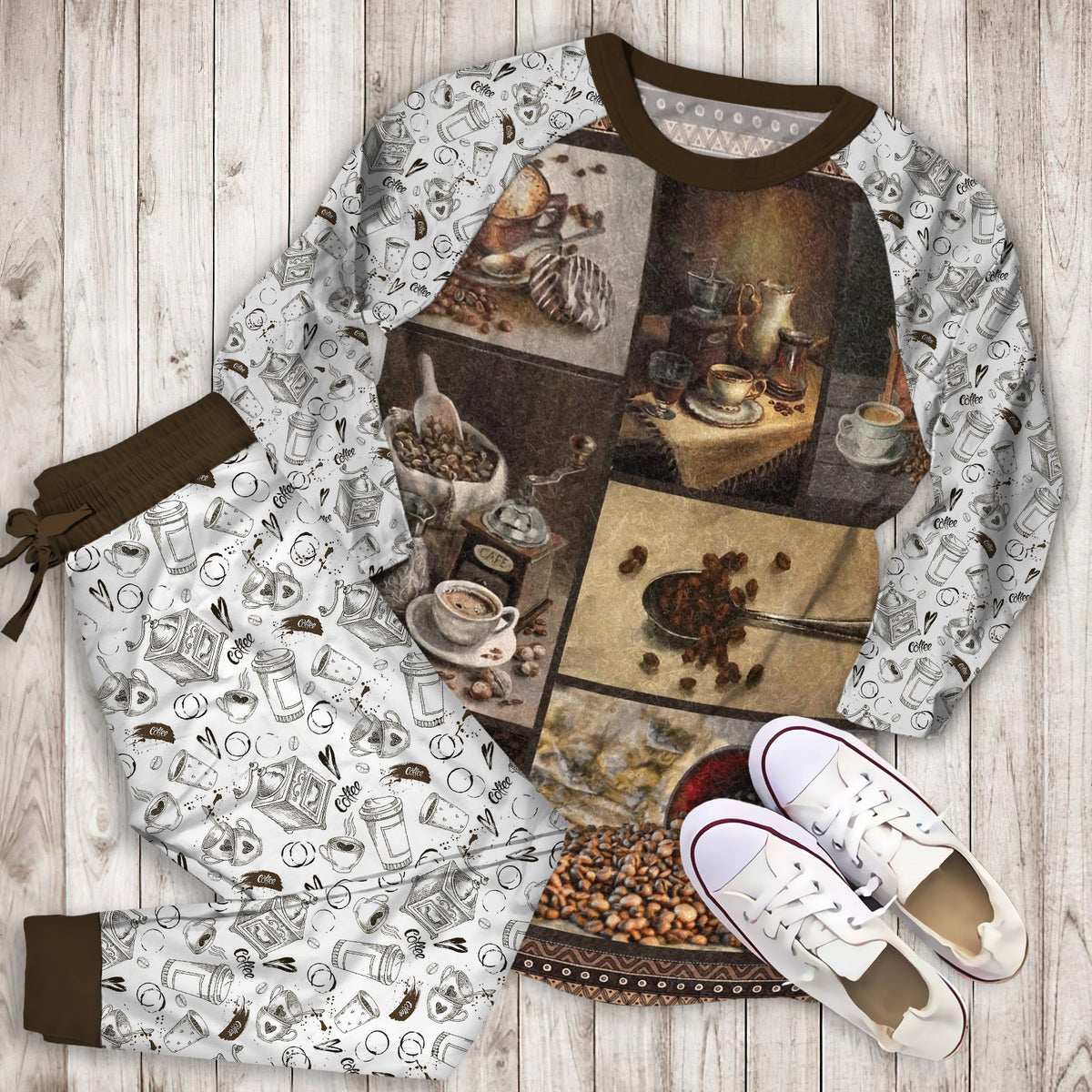 Coffee Pajama Set | Pajamas | Cotton Sleepwear Sets | Soft Long Sleeve Pjs | Raglan Shirt and Pants Set
