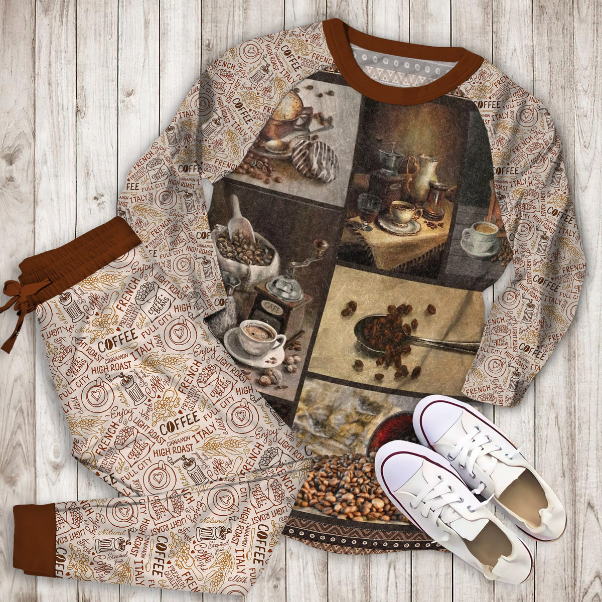 Coffee Pajama Set | Pajamas | Cotton Sleepwear Sets | Soft Long Sleeve Pjs | Raglan Shirt and Pants Set