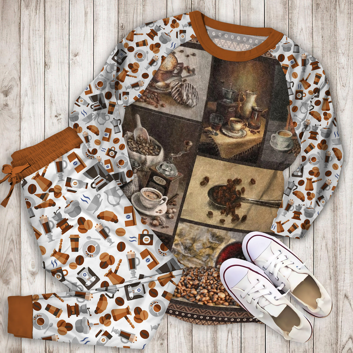 Coffee Pajama Set | Pajamas | Cotton Sleepwear Sets | Soft Long Sleeve Pjs | Raglan Shirt and Pants Set