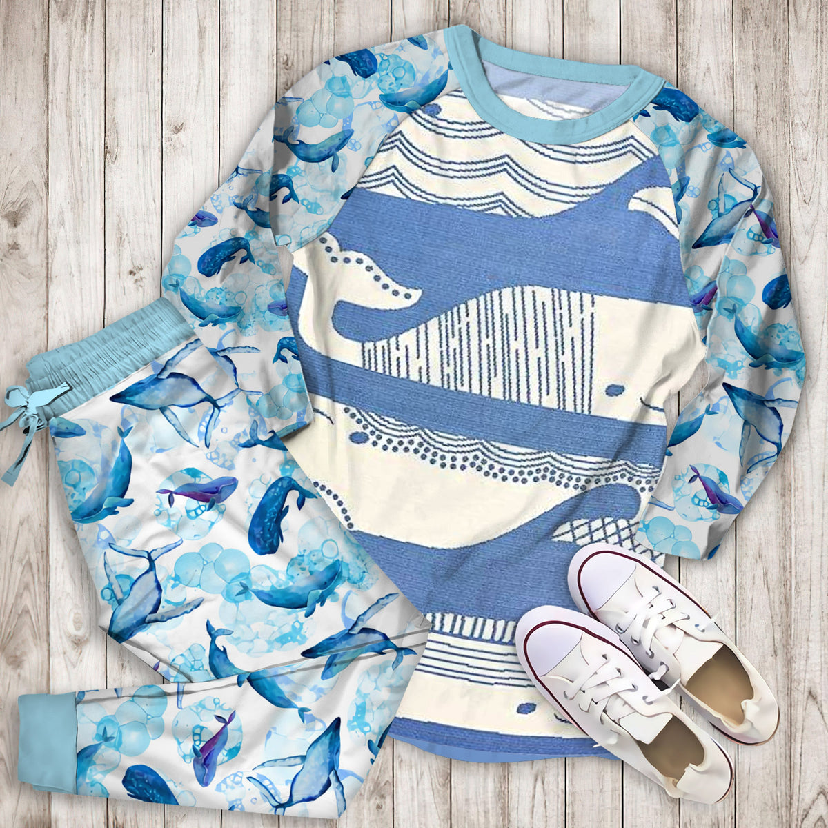 Whale Pajama Set |Sleepwear Pjs Sets | Raglan Shirt Pants Set