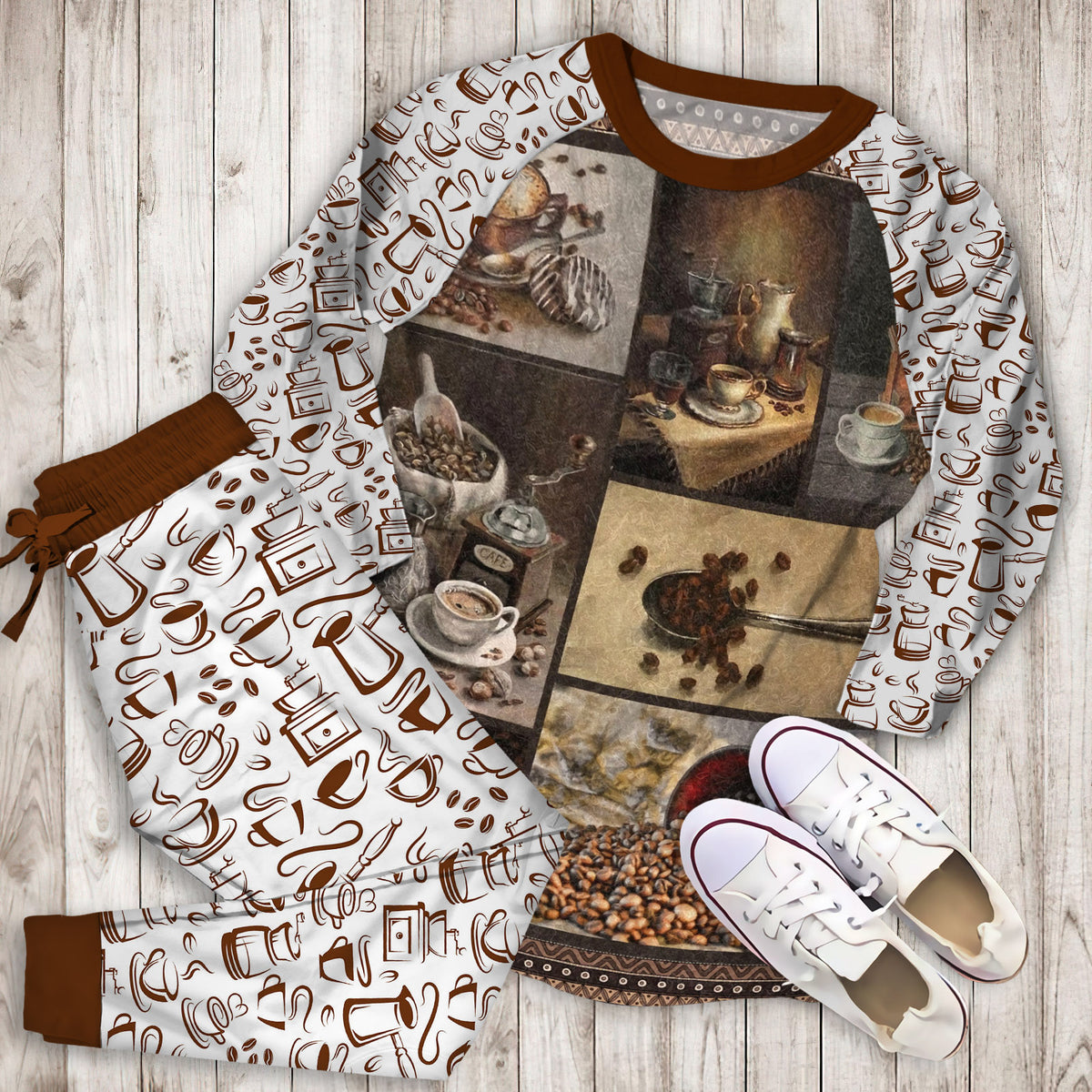 Coffee Pajama Set | Pajamas | Cotton Sleepwear Sets | Soft Long Sleeve Pjs | Raglan Shirt and Pants Set