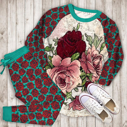 Rose Pajama Set | Pajamas | Cotton Sleepwear Sets | Soft Long Sleeve Pjs | Raglan Shirt and Pants Set