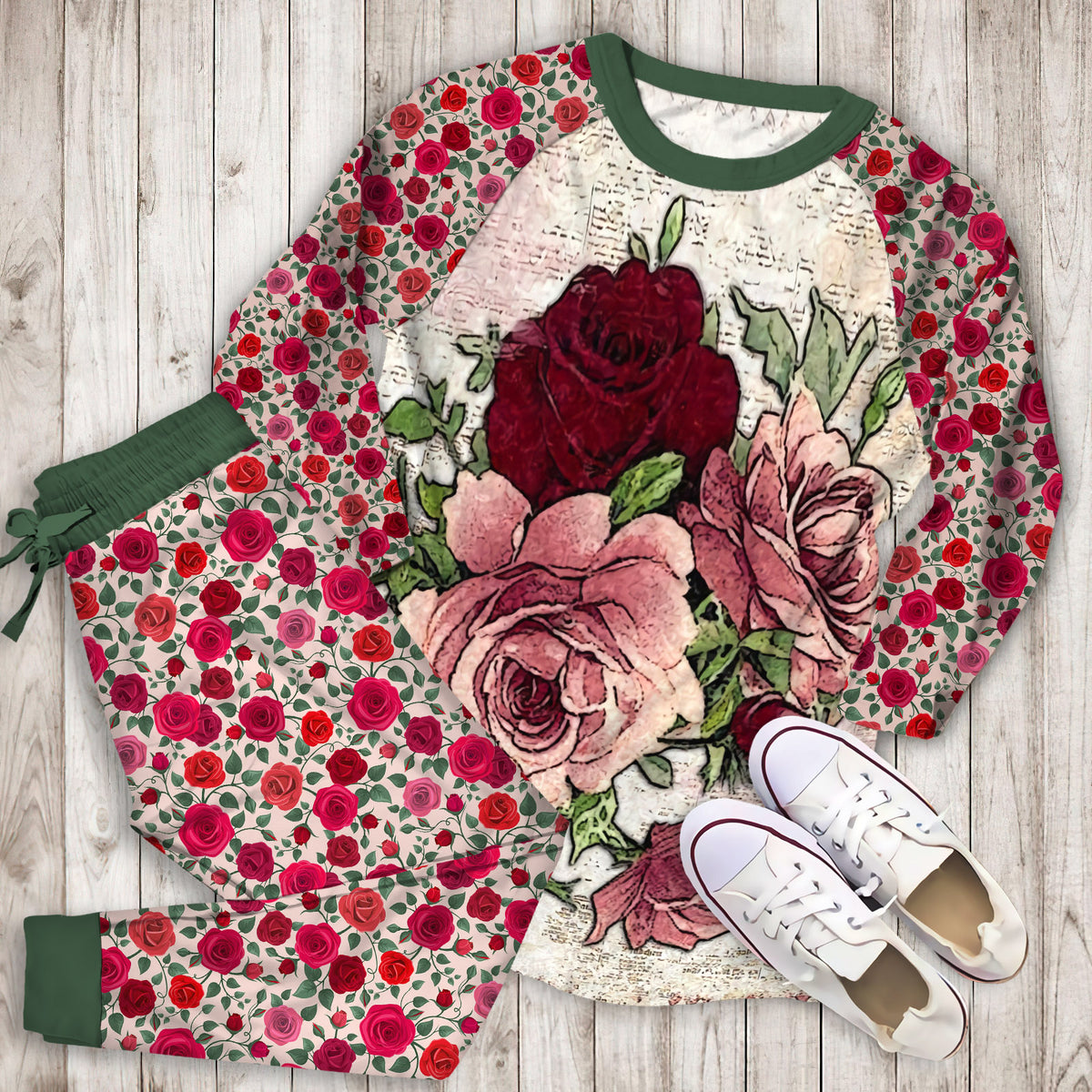 Rose Pajama Set | Pajamas | Cotton Sleepwear Sets | Soft Long Sleeve Pjs | Raglan Shirt and Pants Set