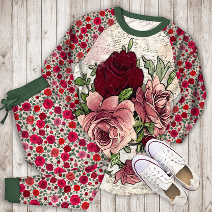 Rose Pajama Set | Pajamas | Cotton Sleepwear Sets | Soft Long Sleeve Pjs | Raglan Shirt and Pants Set