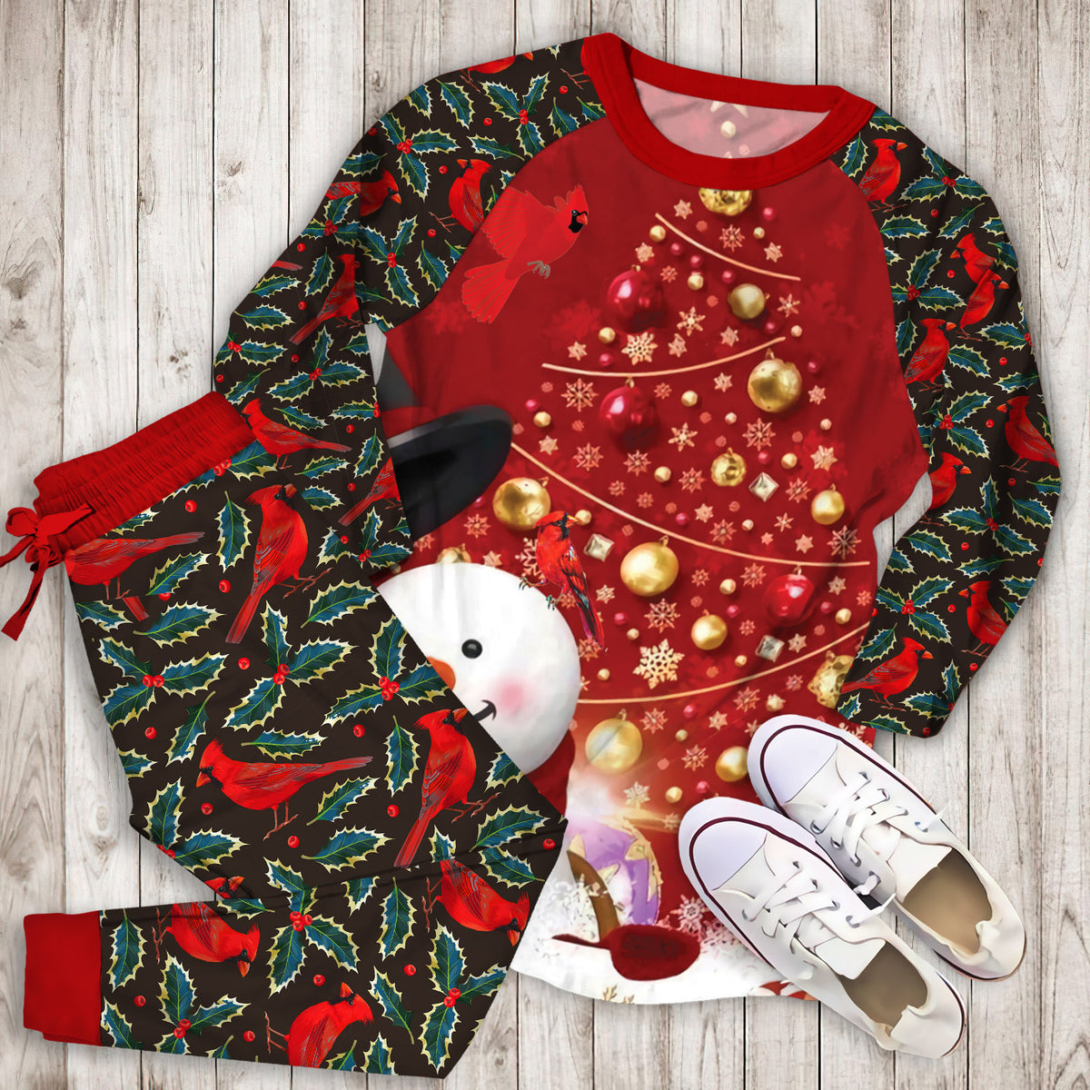 Cardinals Snow Water Pajama Set | Pajamas | Cotton Sleepwear Sets | Soft Long Sleeve Pjs | Raglan Shirt and Pants Set