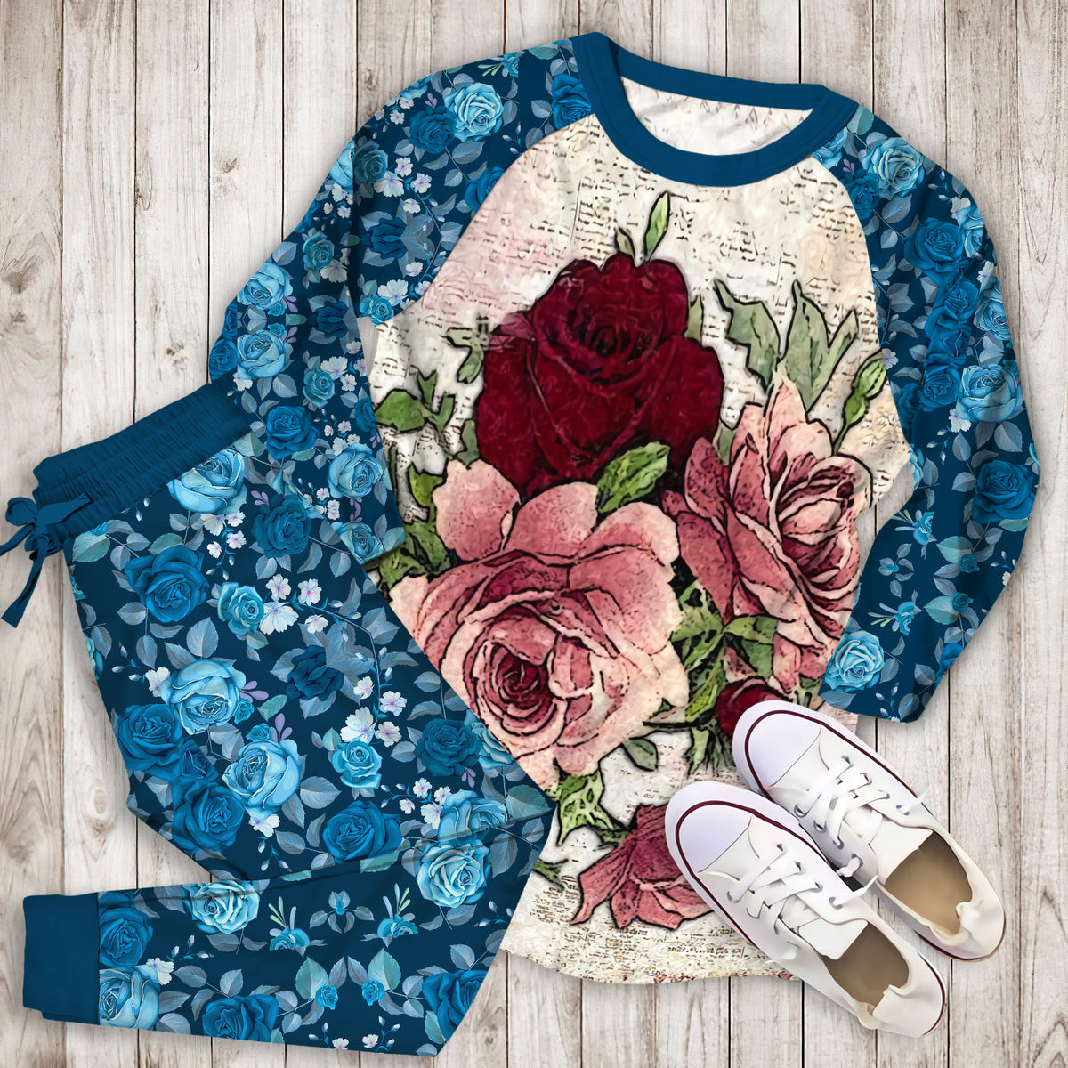 Rose Pajama Set | Pajamas | Cotton Sleepwear Sets | Soft Long Sleeve Pjs | Raglan Shirt and Pants Set