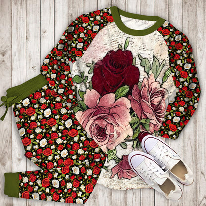 Rose Pajama Set | Pajamas | Cotton Sleepwear Sets | Soft Long Sleeve Pjs | Raglan Shirt and Pants Set