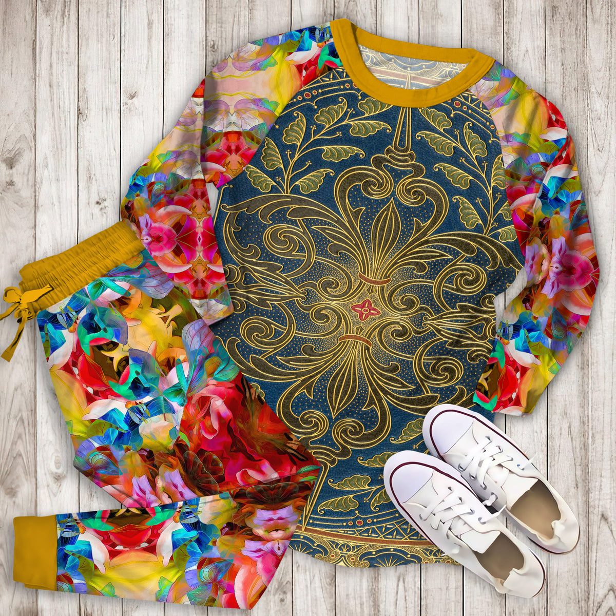 Vintage Abstract Pajama Set | Pajamas | Cotton Sleepwear Sets | Soft Long Sleeve Pjs | Raglan Shirt and Pants Set