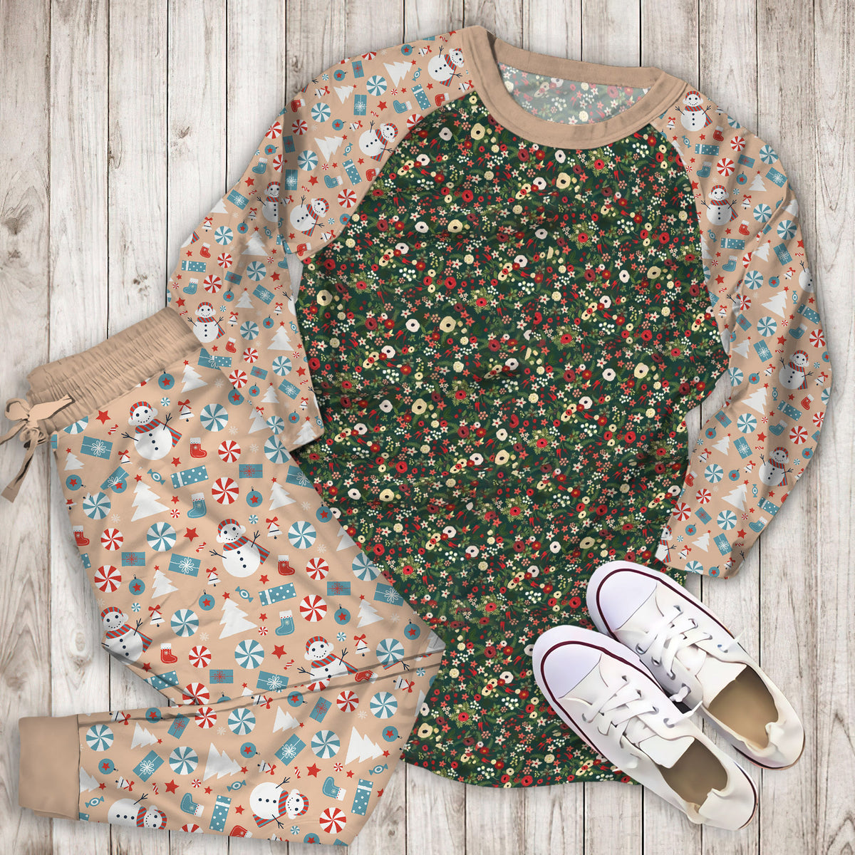 Vintage Christmas Floral Hunter Green Pajama Set |Sleepwear Pjs Sets | Raglan Shirt Pants Set