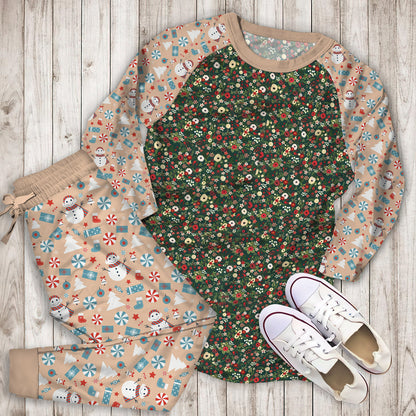 Vintage Christmas Floral Hunter Green Pajama Set |Sleepwear Pjs Sets | Raglan Shirt Pants Set