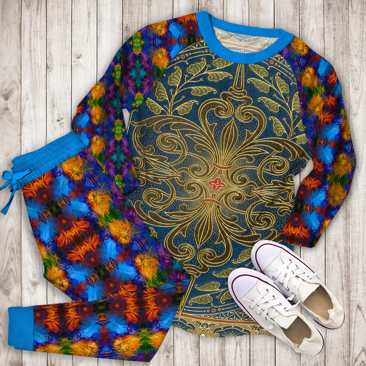 Vintage Abstract Pajama Set | Pajamas | Cotton Sleepwear Sets | Soft Long Sleeve Pjs | Raglan Shirt and Pants Set