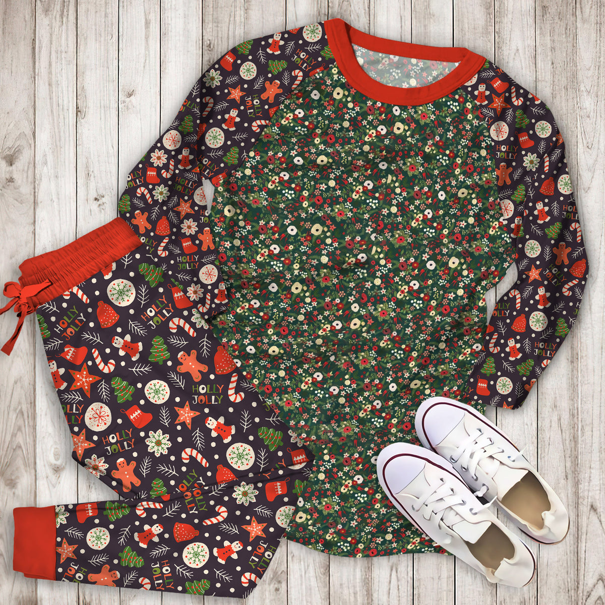 Vintage Christmas Floral Hunter Green Pajama Set |Sleepwear Pjs Sets | Raglan Shirt Pants Set
