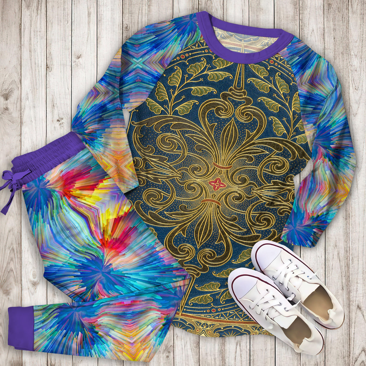 Vintage Abstract Pajama Set | Pajamas | Cotton Sleepwear Sets | Soft Long Sleeve Pjs | Raglan Shirt and Pants Set