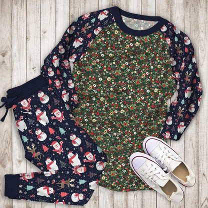 Vintage Christmas Floral Hunter Green Pajama Set |Sleepwear Pjs Sets | Raglan Shirt Pants Set