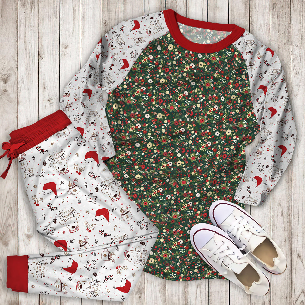 Vintage Christmas Floral Hunter Green Pajama Set |Sleepwear Pjs Sets | Raglan Shirt Pants Set