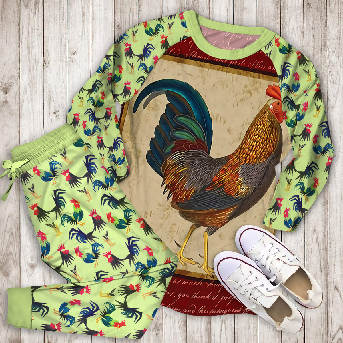 Rooster Pajama Set | Pajamas | Cotton Sleepwear Sets | Soft Long Sleeve Pjs | Raglan Shirt and Pants Set