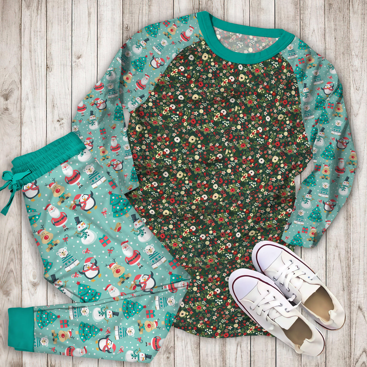 Vintage Christmas Floral Hunter Green Pajama Set |Sleepwear Pjs Sets | Raglan Shirt Pants Set