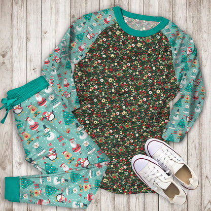 Vintage Christmas Floral Hunter Green Pajama Set |Sleepwear Pjs Sets | Raglan Shirt Pants Set