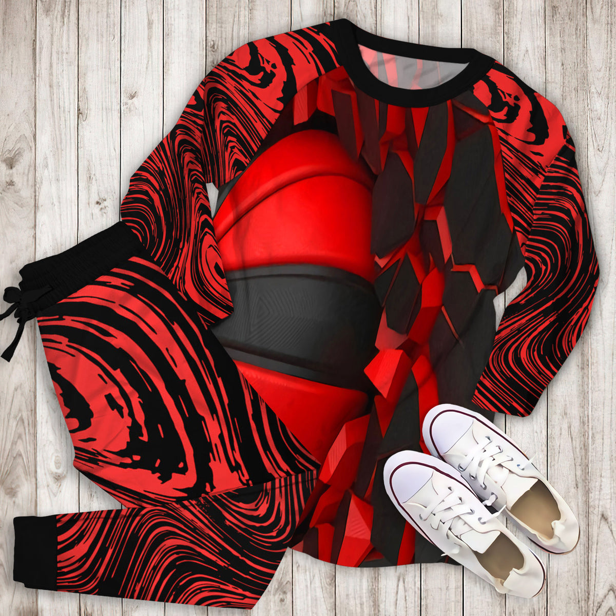 Red Black Basketball Pajama Set | Pajamas | Cotton Sleepwear Sets | Soft Long Sleeve Pjs | Raglan Shirt and Pants Set