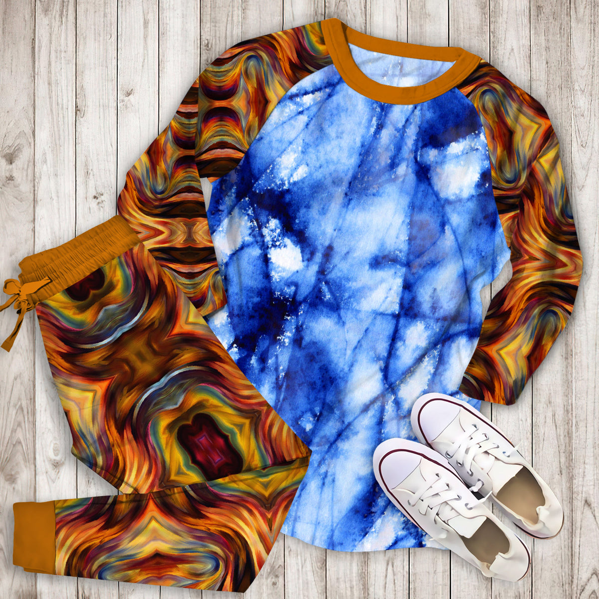 Abstract Marble Pajama Set | Pajamas | Cotton Sleepwear Sets | Soft Long Sleeve Pjs | Raglan Shirt and Pants Set