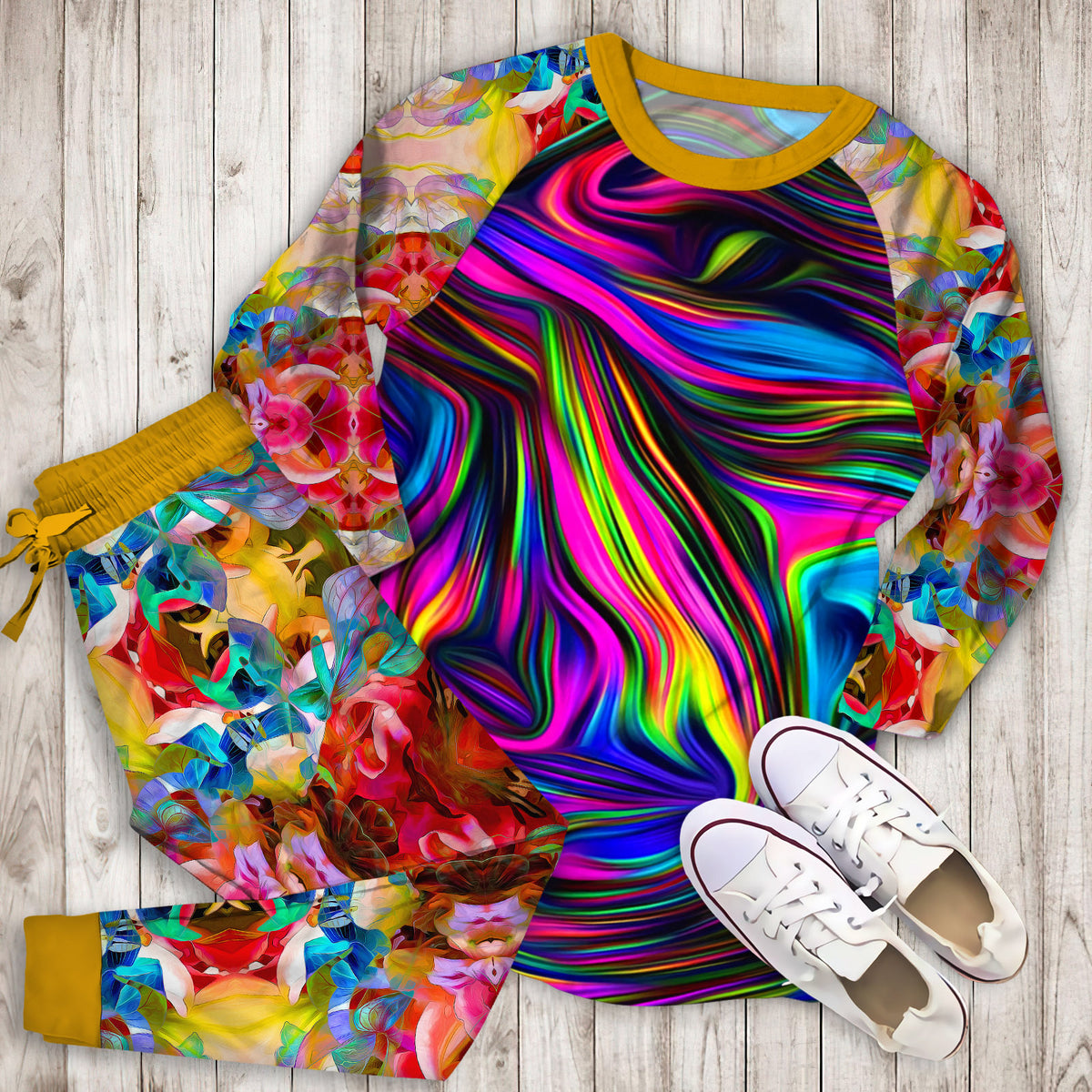 Abstract Hippie Tie Dye Pajama Set |Sleepwear Pjs Sets | Raglan Shirt Pants Set