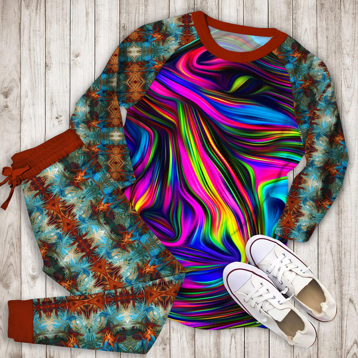 Abstract Hippie Tie Dye Pajama Set |Sleepwear Pjs Sets | Raglan Shirt Pants Set