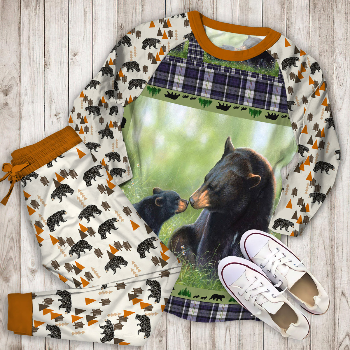 Black Bear Pajama Set |Sleepwear Pjs Sets | Raglan Shirt Pants Set