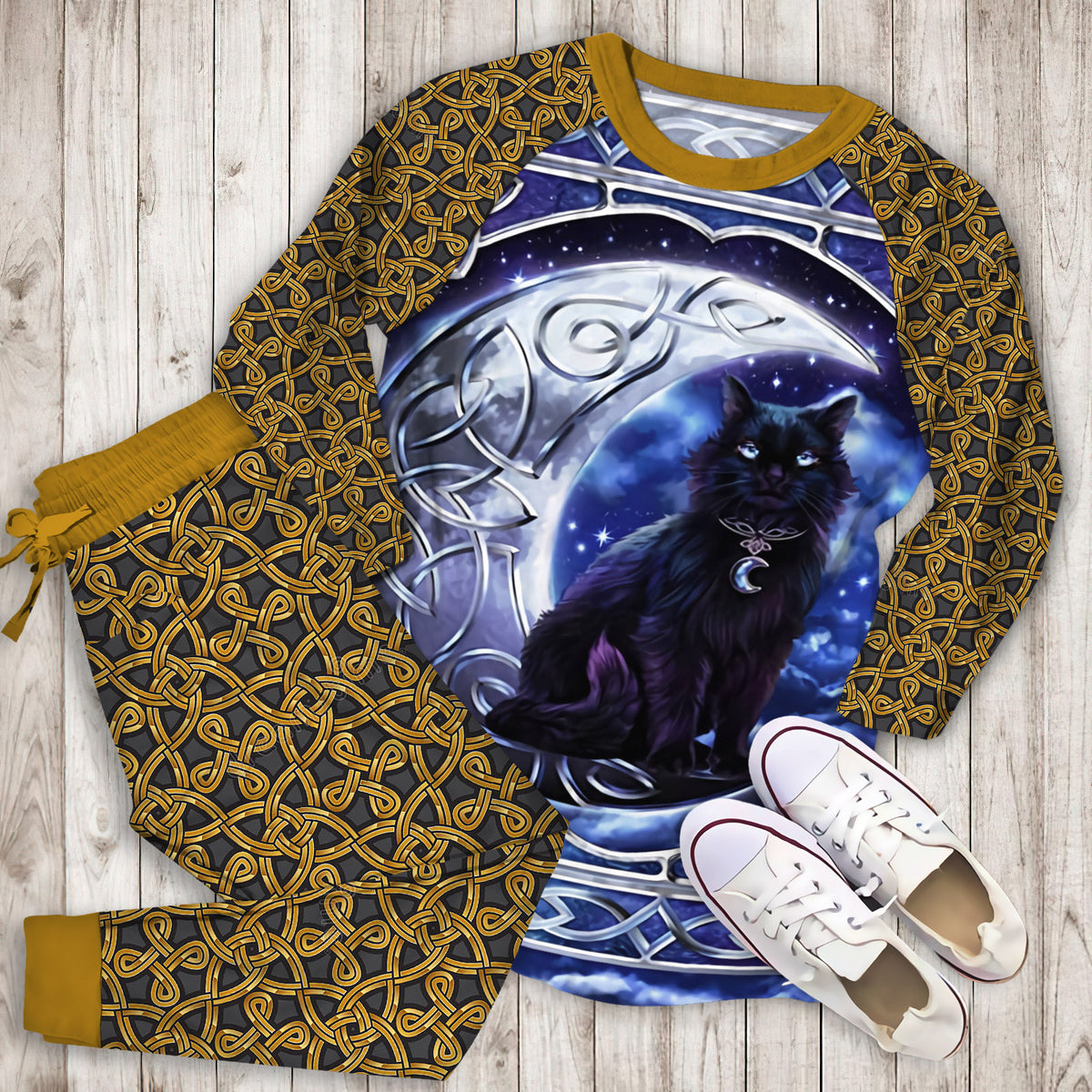 Celtic Moon Cat Pajama Set | Pajamas | Cotton Sleepwear Sets | Soft Long Sleeve Pjs | Raglan Shirt and Pants Set