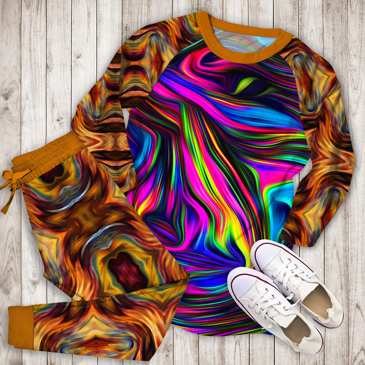 Abstract Hippie Tie Dye Pajama Set |Sleepwear Pjs Sets | Raglan Shirt Pants Set