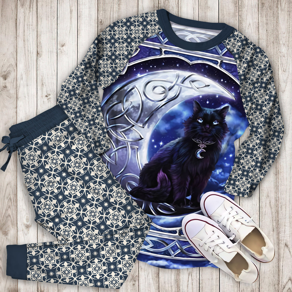Celtic Moon Cat Pajama Set | Pajamas | Cotton Sleepwear Sets | Soft Long Sleeve Pjs | Raglan Shirt and Pants Set