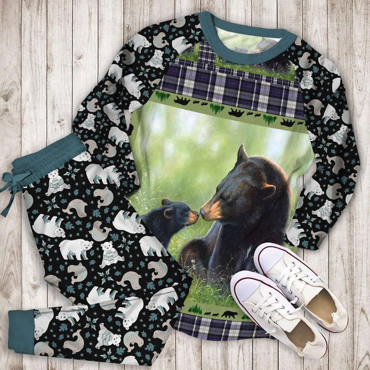 Black Bear Pajama Set |Sleepwear Pjs Sets | Raglan Shirt Pants Set