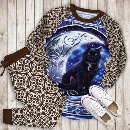 Celtic Moon Cat Pajama Set | Pajamas | Cotton Sleepwear Sets | Soft Long Sleeve Pjs | Raglan Shirt and Pants Set
