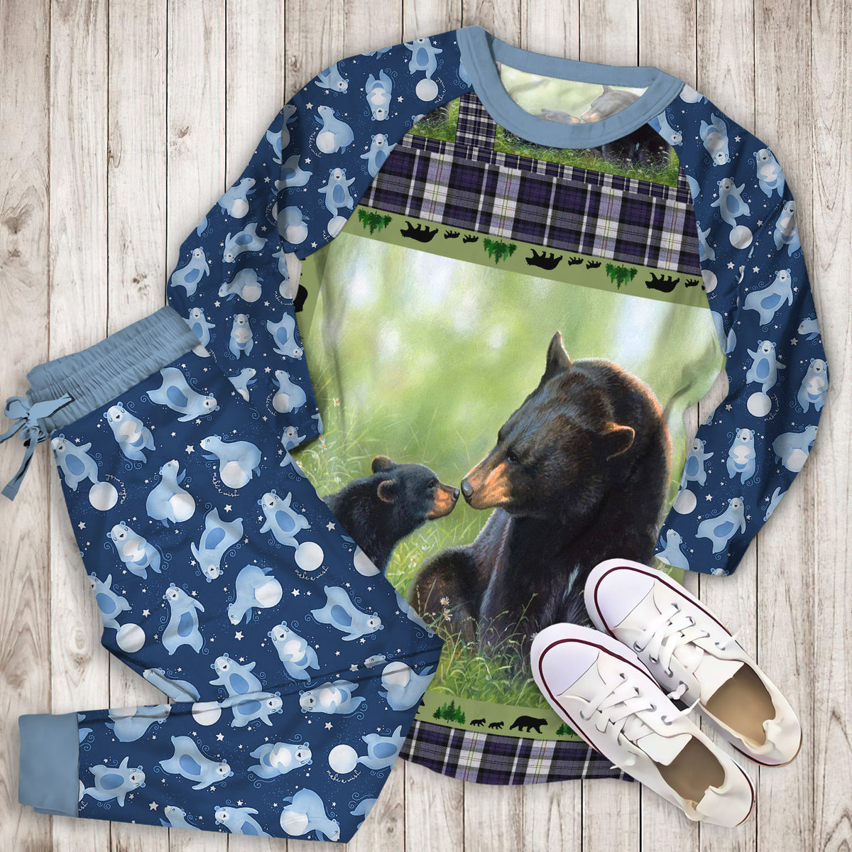 Black Bear Pajama Set |Sleepwear Pjs Sets | Raglan Shirt Pants Set